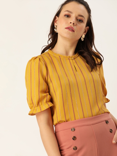 

DressBerry Women Mustard Yellow & Red Striped Top