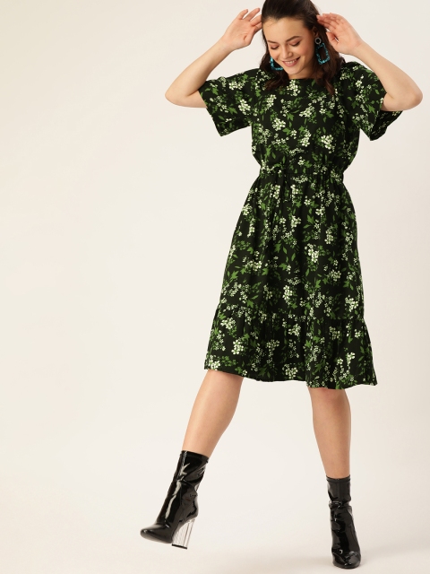 

DressBerry Women Black & Green Printed Fit and Flare Dress