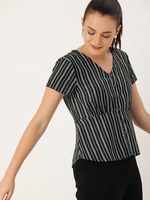 

DressBerry Women Black & White Striped Shirt Style Top