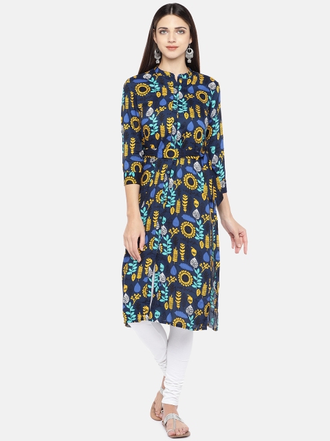 

Globus Women Navy Blue & Yellow Printed Straight Kurta