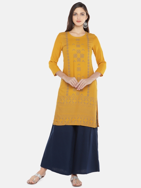 

Globus Women Mustard Yellow & Grey Printed Straight Kurta