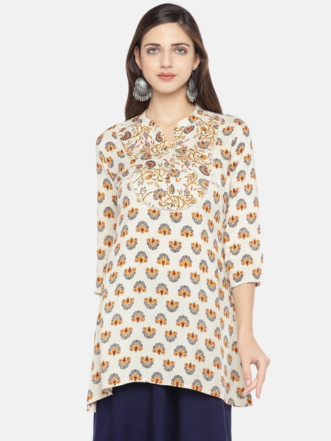 

Globus Women White & Yellow Yoke Design Printed A-Line Kurti