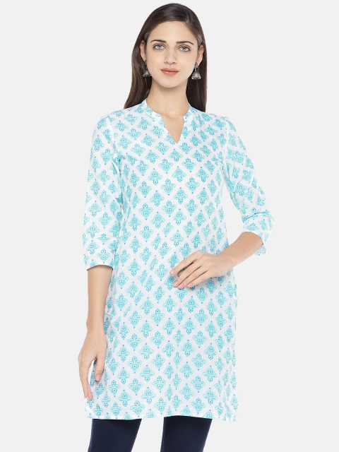 

Globus Women White & Turquoise Blue Printed Straight Kurta