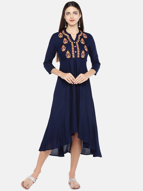 

Globus Women Navy Blue Embroidered Empire Dress