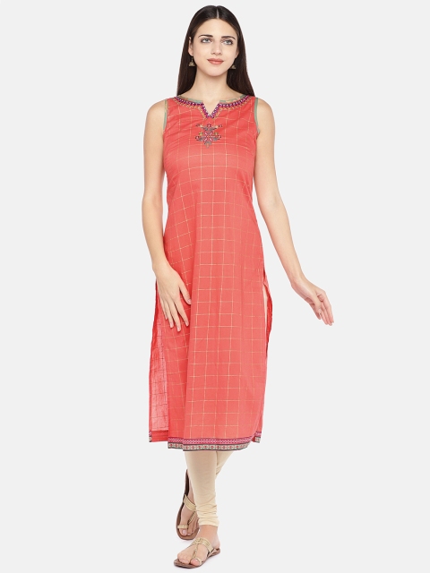 

Globus Women Peach-Coloured Checked Straight Kurta
