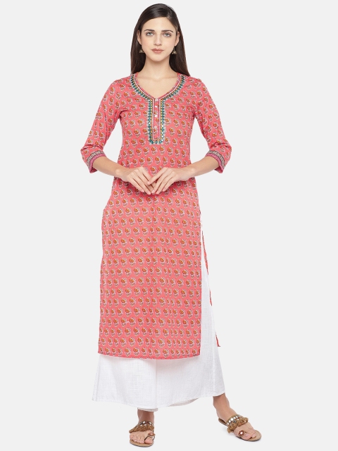 

Globus Women Peach-Coloured & White Printed Straight Kurta