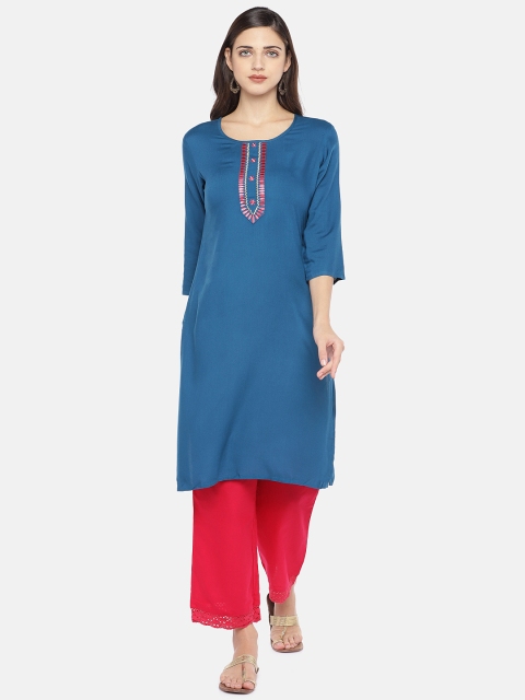 

Globus Women Blue Yoke Design Straight Kurta