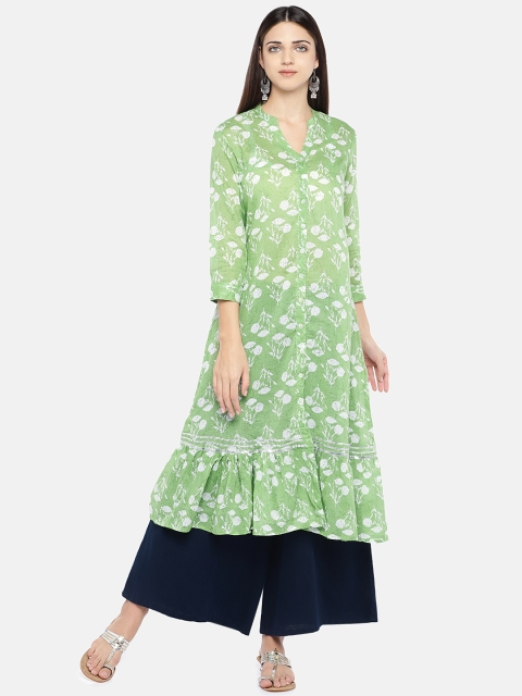 

Globus Women Green & White Printed A-Line Kurta
