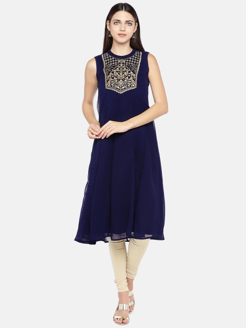 

Globus Women Navy Blue Yoke Design A-Line Kurta
