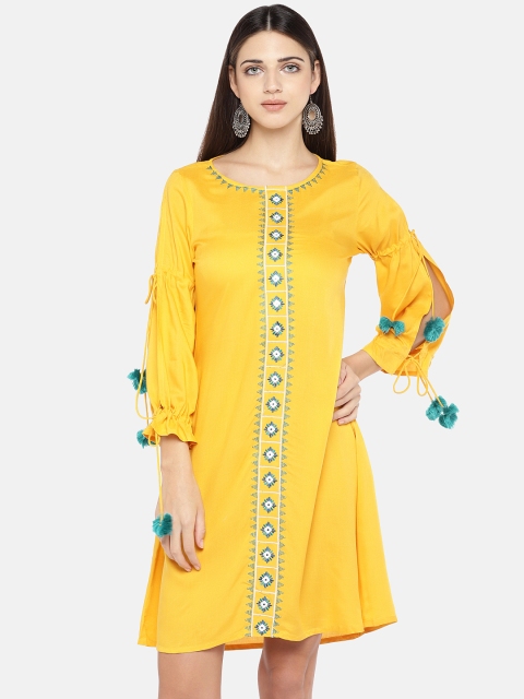 

Globus Women Yellow Self Design A-Line Dress