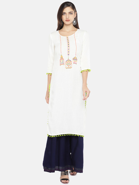 

Globus Women White Embroidered Straight Kurta