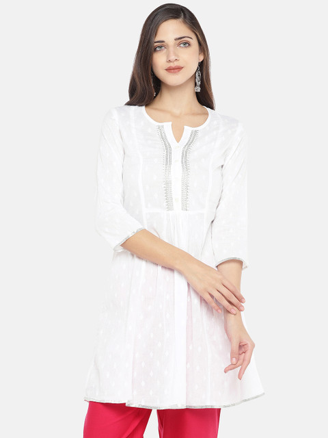 

Globus Women White Woven Design Pure Cotton A-Line Kurti
