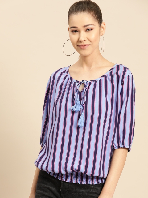 

DressBerry Women Blue & Pink Striped Blouson Top