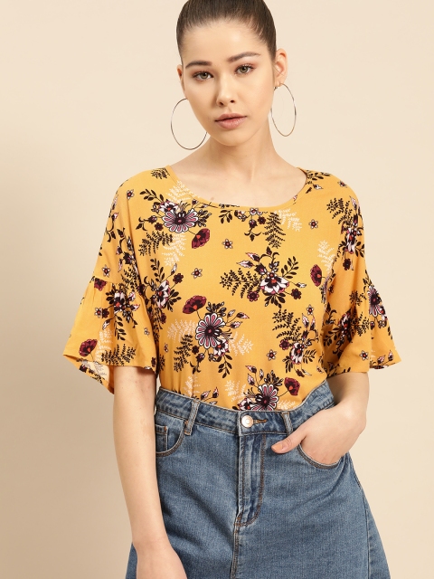 

DressBerry Women Mustard Yellow & Black Floral Print Top