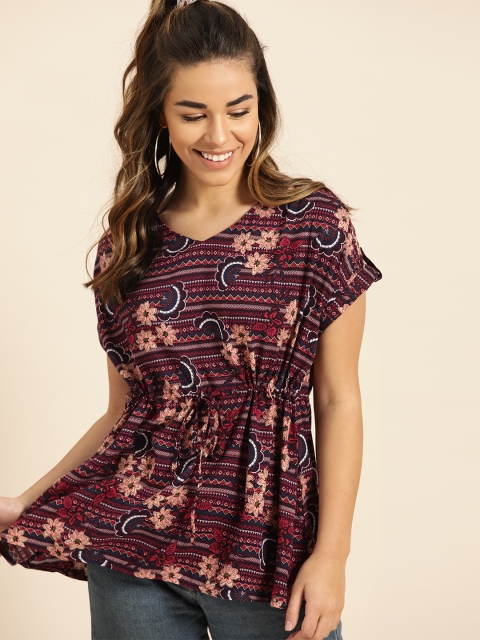 

DressBerry Women Maroon & Pink Printed Cinched Waist Top