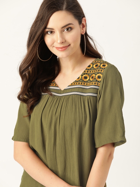 

DressBerry Women Olive Green Embroidered A-Line Top