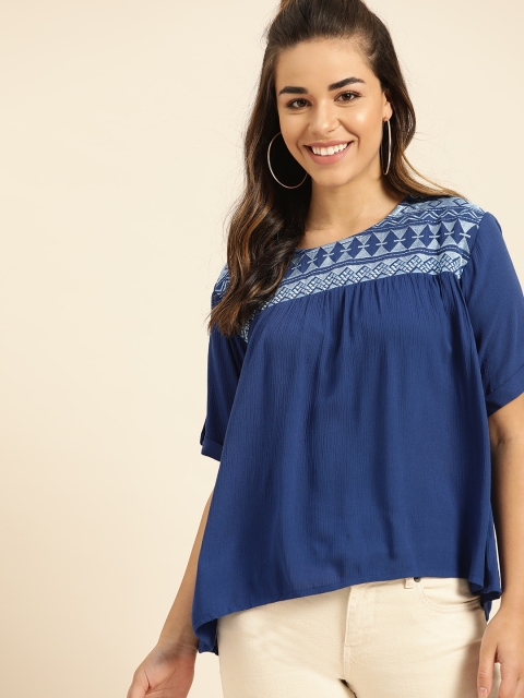

DressBerry Women Blue Embroidered High-Low Top