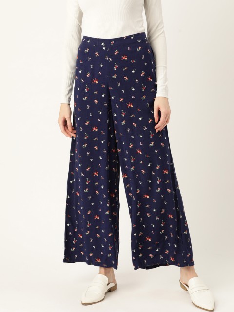 

DressBerry Women Navy Blue & White Floral Print Parallel Trousers