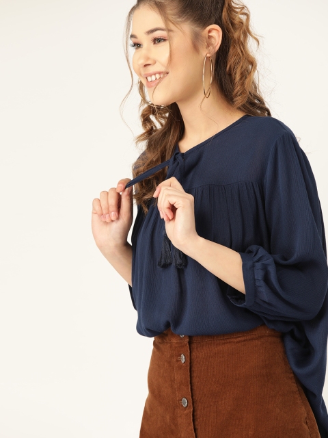 

DressBerry Women Navy Blue Solid Boxy Top