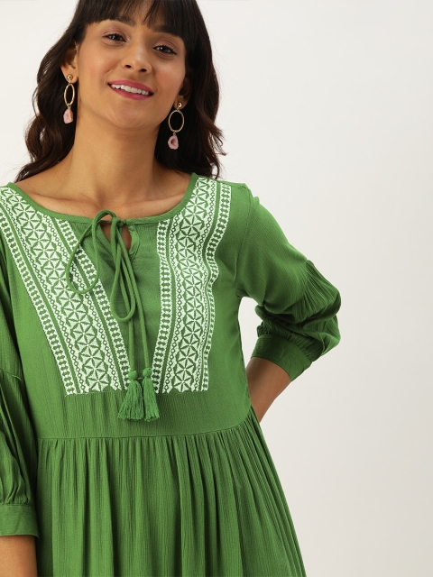 

DressBerry Women Green Solid Fit and Flare Dress with Crochet Inserts