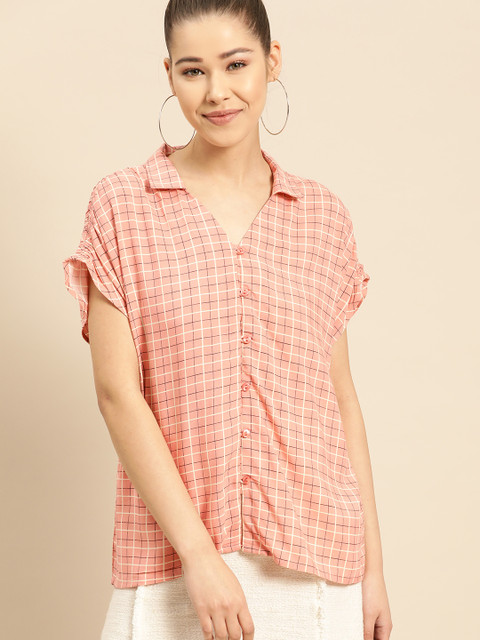 

DressBerry Women Pink & Cream-Coloured Regular Fit Checked Casual Shirt