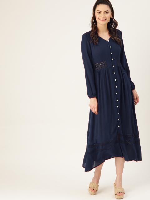 

DressBerry Women Navy Blue Solid A-Line Dress with Lace Inserts