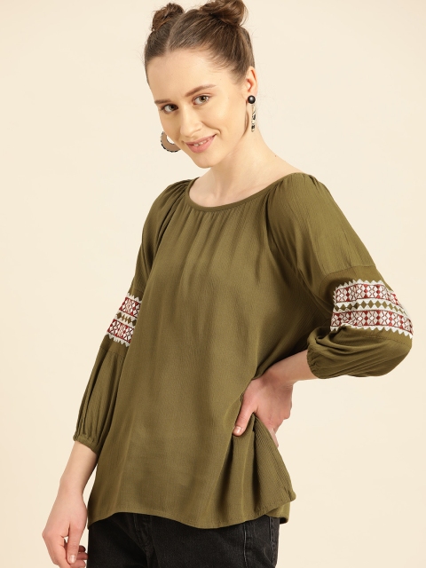

DressBerry Women Olive Green Embroidered Top