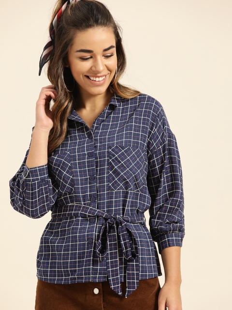 

DressBerry Women Navy Blue & Off-White Regular Fit Checked Casual Shirt