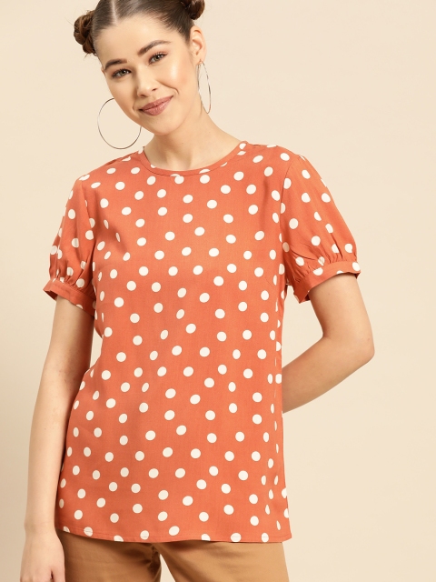 

DressBerry Women Rust Orange Polka Dot Printed Top