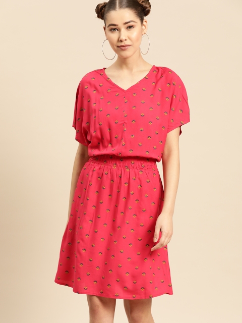 

DressBerry Women Pink & Mustard Yellow Printed Blouson Dress