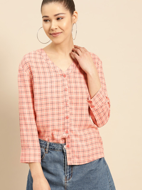 

DressBerry Women Peach-Coloured & Black Checked Top
