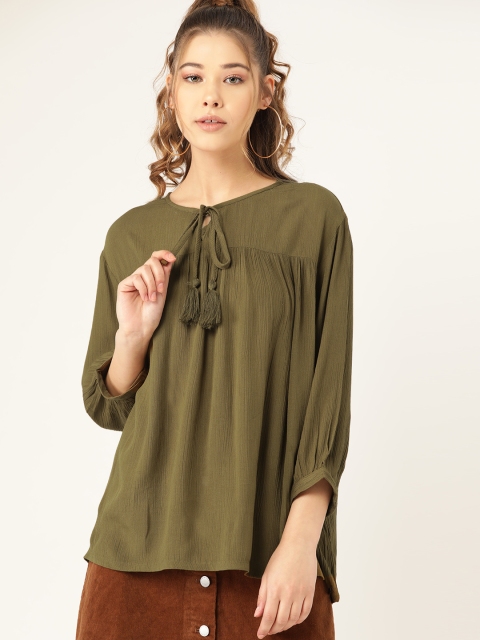 

DressBerry Women Olive Green Solid Boxy Top