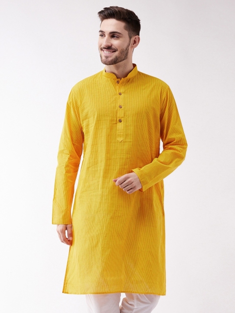 

VASTRAMAY Men Mustard Yellow Striped Straight Handloom Kurta