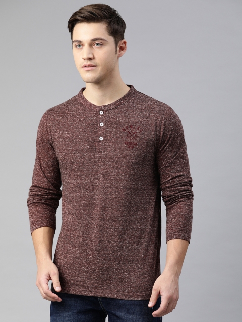 

American Crew Men Brown Melange Solid Henley Neck T-shirt