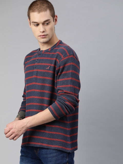 

American Crew Men Blue & Maroon Striped Henley Neck T-shirt