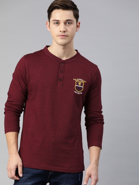 

American Crew Men Maroon & Black Striped Henley Neck T-shirt