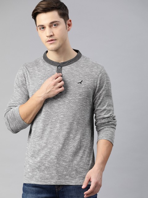 

American Crew Men Grey Melange Solid Henley Neck T-shirt