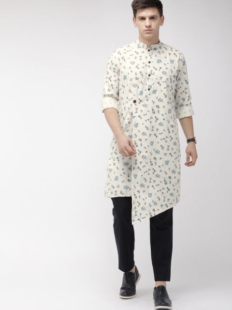 

The Indian Garage Co Men Off-White & Blue Floral Printed Straight Kurta