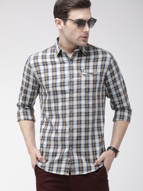 

The Indian Garage Co Men Blue & Khaki Slim Fit Checked Casual Shirt