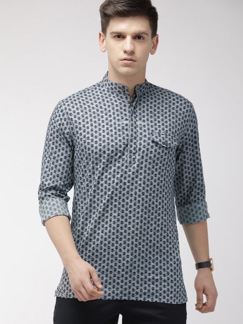 

The Indian Garage Co Men Grey & Navy Blue Printed Straight Kurta