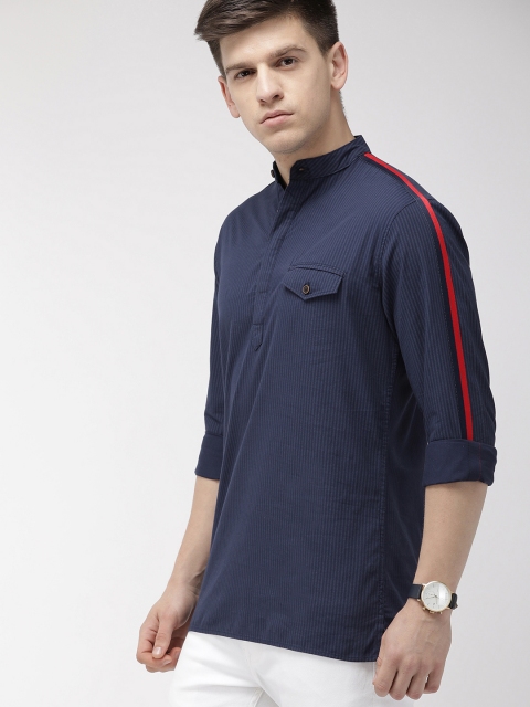 

The Indian Garage Co Men Navy Blue Striped Straight Kurta