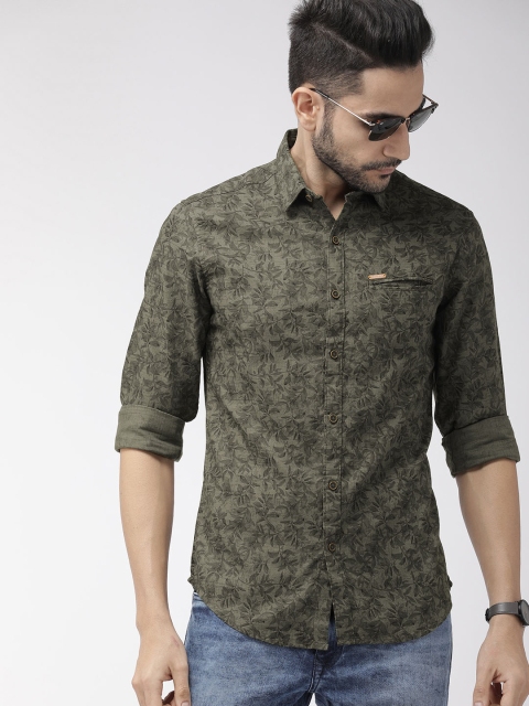 

The Indian Garage Co Men Olive Green & Black Slim Fit Printed Casual Shirt