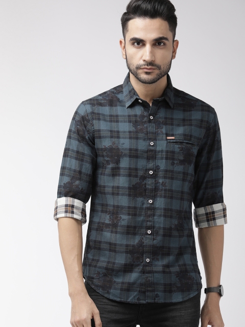 

The Indian Garage Co Men Blue & Olive Green Slim Fit Checked Casual Shirt