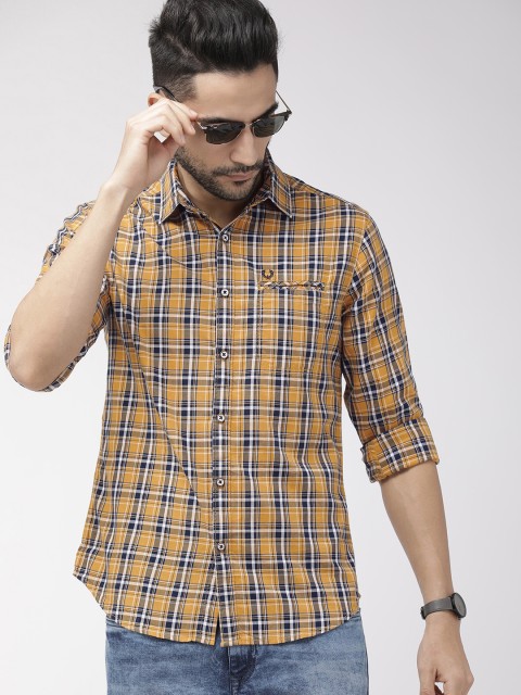 

The Indian Garage Co Men Mustard Yellow & Navy Blue Slim Fit Checked Casual Shirt