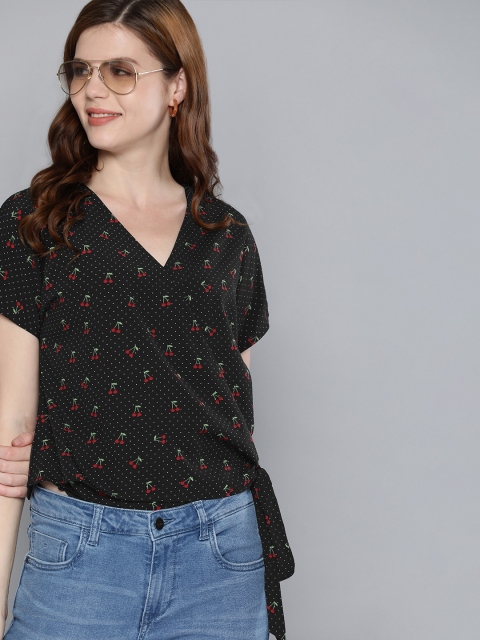 

Mast & Harbour Women Black & Red Printed Wrap Top With Waist Tie-Up Detail