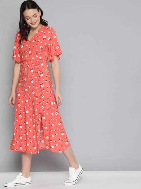 

Mast & Harbour Women Coral Pink Floral Printed A-Line Dress