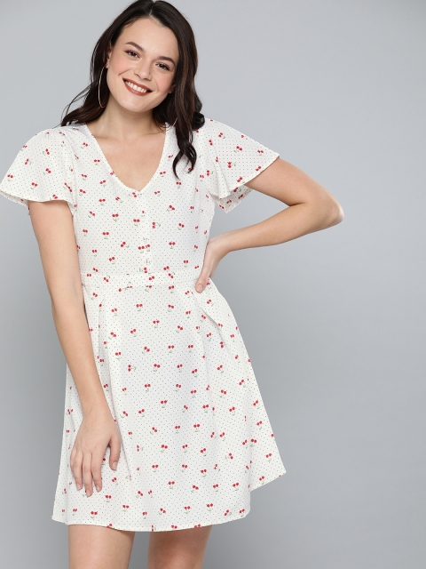 

Mast & Harbour Women White & Red Cherry Printed Fit and Flare Dress