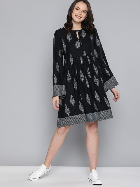 

Mast & Harbour Women Black & White Printed A-Line Dress