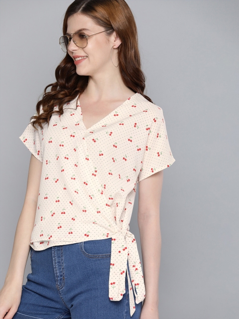

Mast & Harbour Women Off-White & Red Printed Wrap Top With Waist Tie-Up Detail