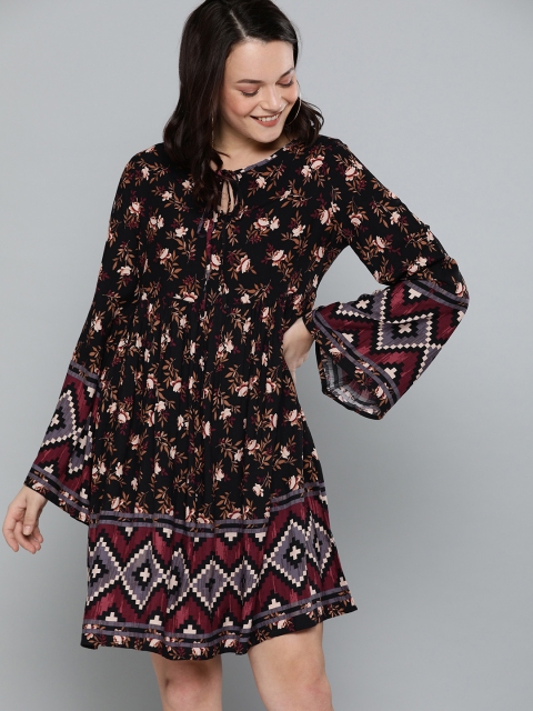 

Mast & Harbour Women Black & Brown Floral Printed Fit and Flare Dress